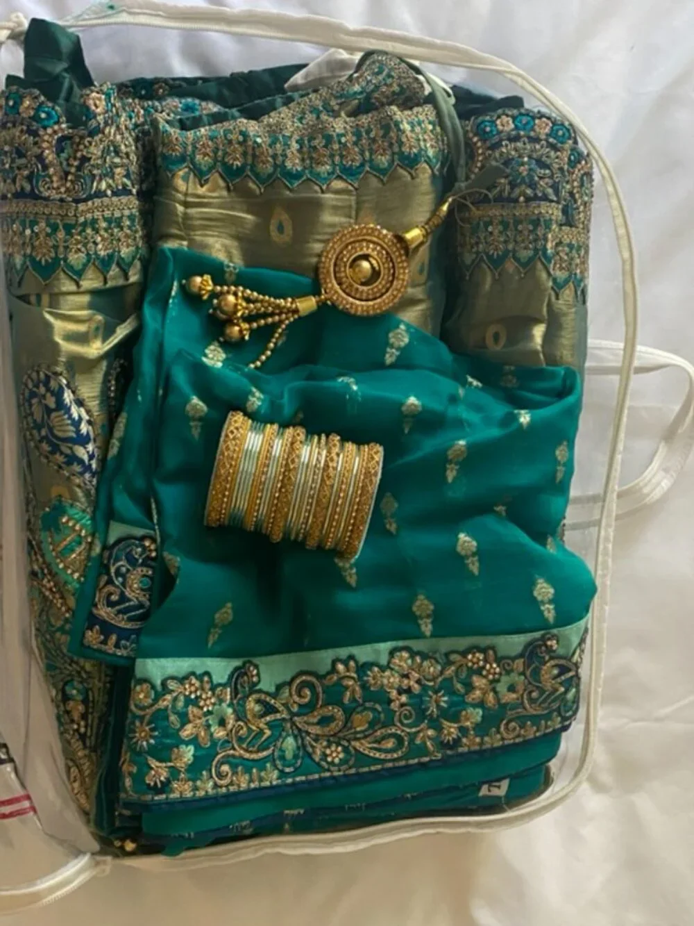 OPULENT GOLD CIRCULAR LEHENGA SET IN PURE KANJIVARAM WITH FIROZI BLOUSE AND DUPA